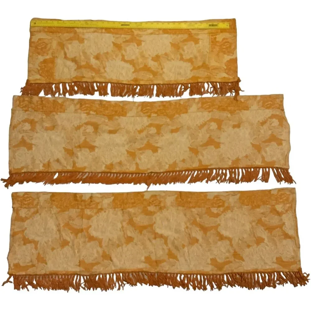 3 Damask Brocade Italian Renaissance Style Fringed Orange Valance Cotton